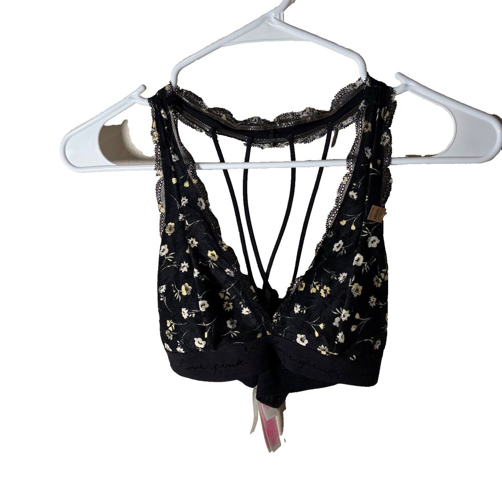 VS Pink Bralette Women's XS Black Lace Floral Strappy Padded V-Neck Bra
